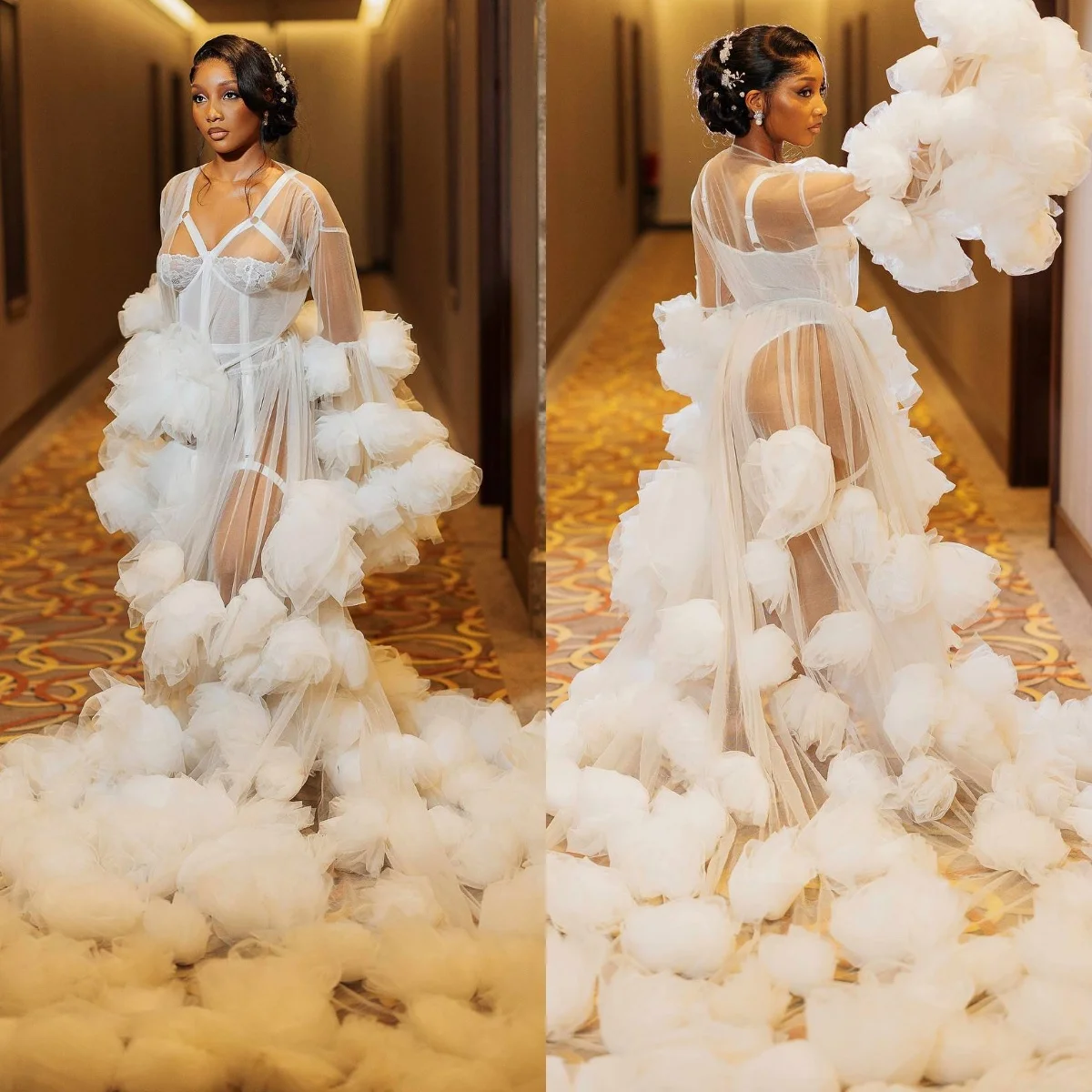 Luxury White Long Bridal Robe With Handmade Flower Puffy Sleeves Wedding Maxi Gowns Babyshower Dress Jacket Cape
