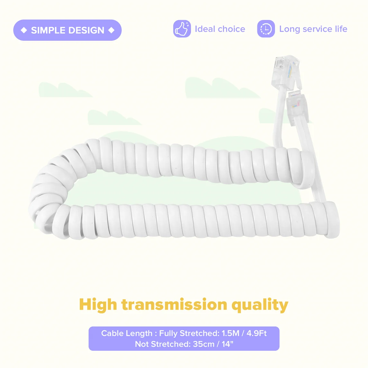 A40I 1.5M 4.9Ft أبيض قابل للتمدد RJ9 4P4C سلك كابل ملفوف للهاتف