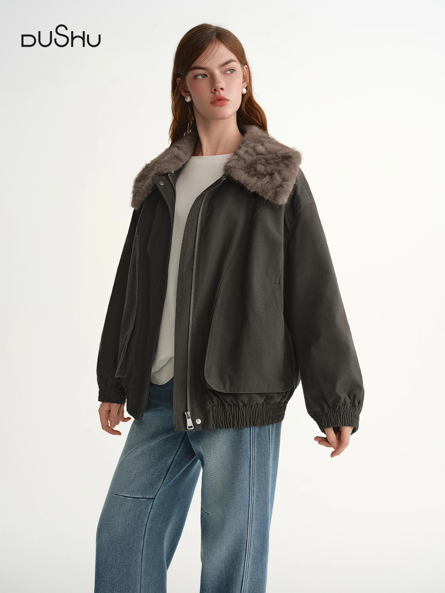DUSHU 2025 Winter Women's Detachable Faux Fur Collar Utility Down Jacket - Warm Parka Coat with Multiple Pockets for Outdoor