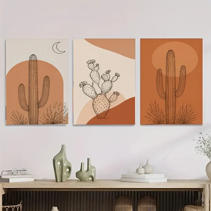 2D Flat Printing 3pcs frameless     Desert Cactus Art in Earthy Tones, Themed Canvas Wall Art Print - Room Decor, Suitable for F