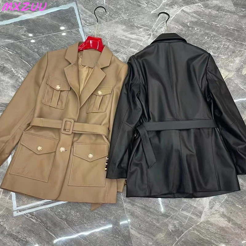 Abrigo de piel de oveja auténtica Harajuku para mujer, cinturón de hebilla dorada Retro, cuello de traje de longitud media, chaqueta de cuero Cargo con bolsillo