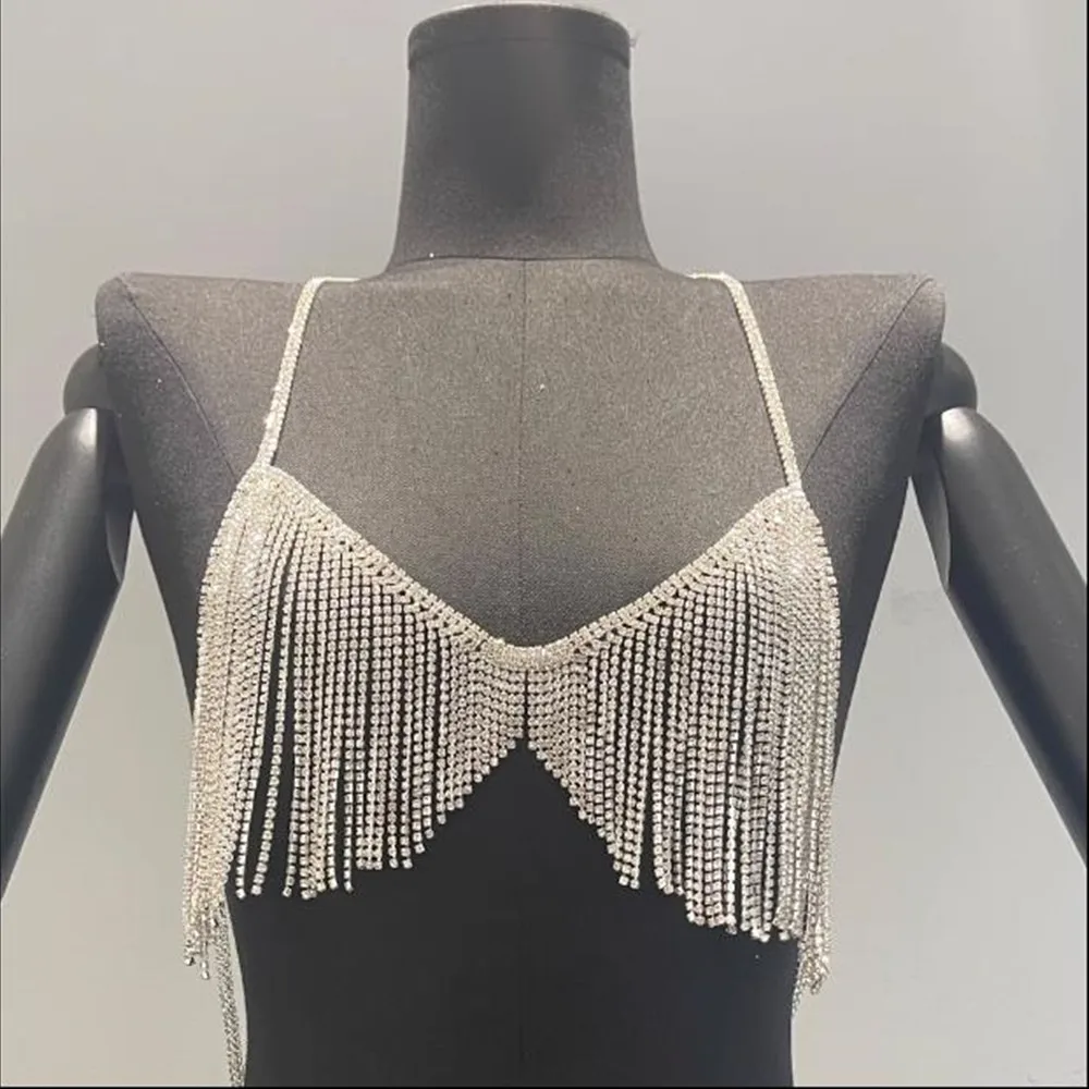 

2023 Fashion Crystal Diamonds Polyester Camisole Women Sexy Backless Party Rave Club Crop Tube Camis Top Clothes