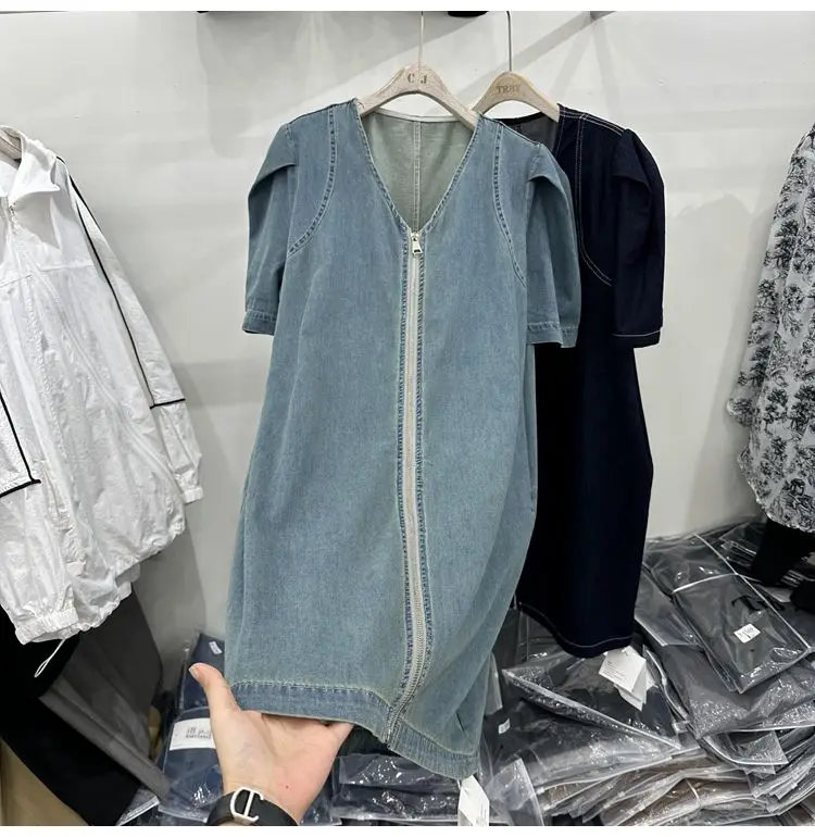 Women Plus Size 4XL Loose Denim Shirt Dress Short Sleeve V Neck Fashion Y2K Dresses 2024 Summer Clothing Casual Y2K Korean Bobe