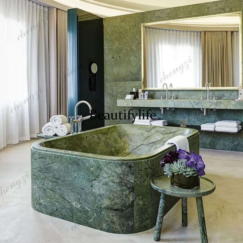 Natural marble bathtub Floor-to-ceiling integrated adult hotel rectangular light luxury freestanding bathtub