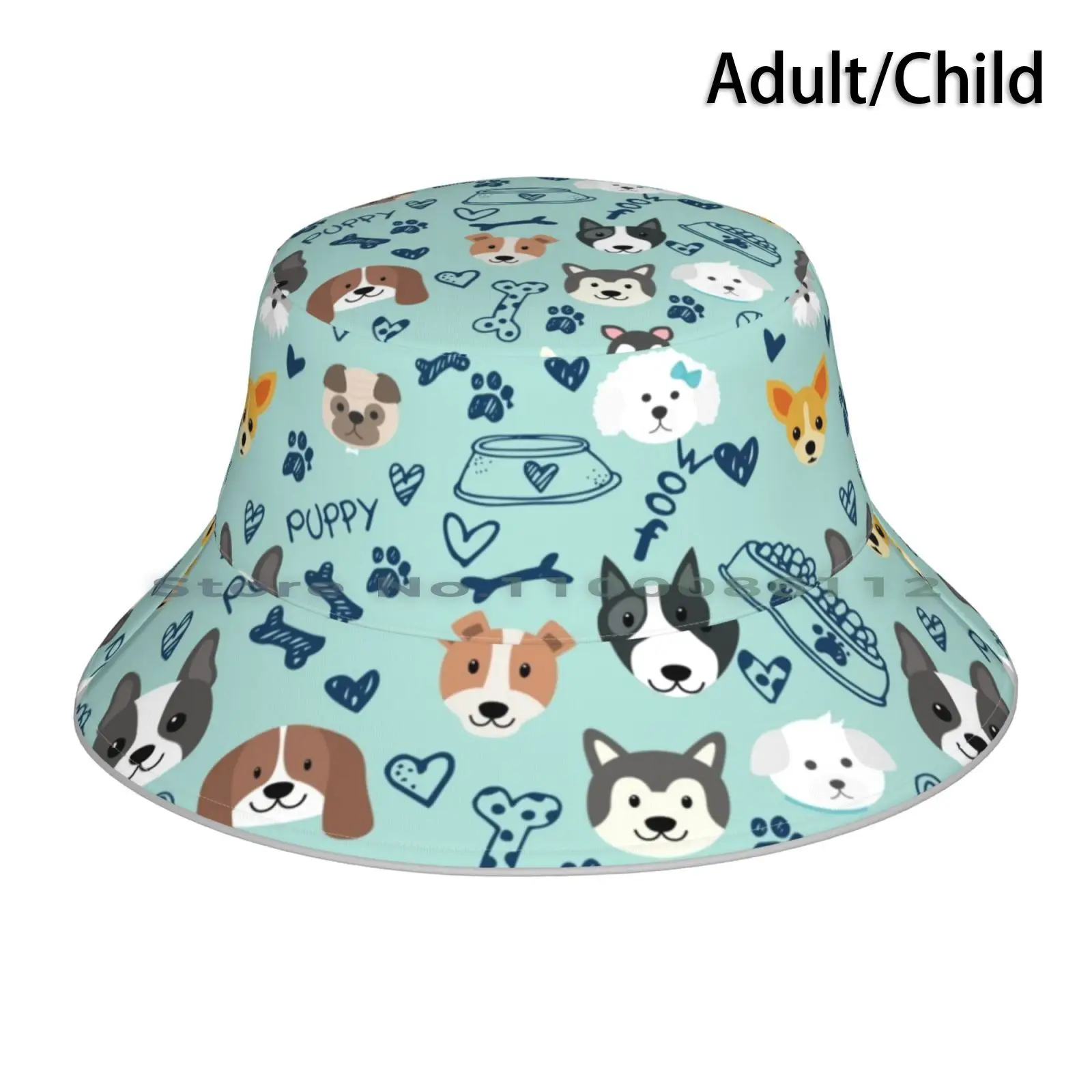 Every Cute Dog Pattern Graphic Illustration Bucket Hat Sun Cap Cute Dogs Pet Animals Puppy Corgi Puppies Blue Funny Trending