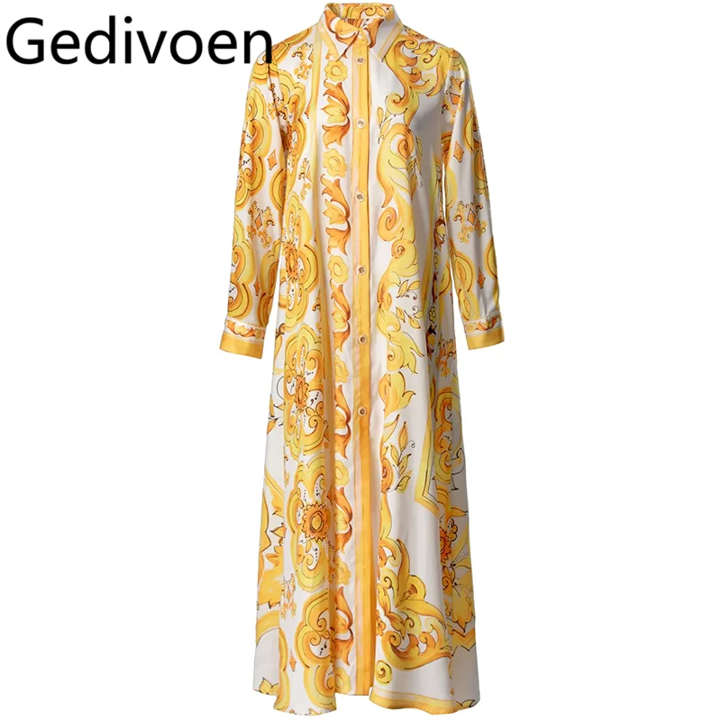 

Gedivoen Summer Fashion Runway Designer Dresses Women's Bohemian Print Turn-down Collar Single Breasted Robe Temperament Dresses