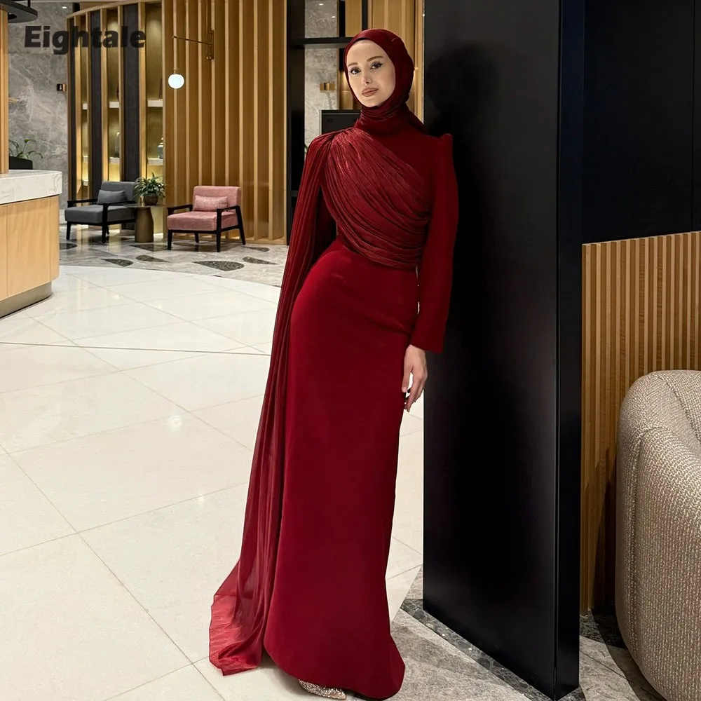 

Eightale арабское вечернее платье с высоким воротом и складками, платье для выпускного вечера, бордовое платье длиной до пола, мусульманское платье русалки для свадебной вечеринки