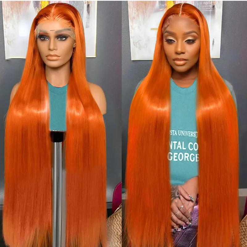 Giner-peluca frontal de encaje sintético liso, pelo de bebé sin pegamento, 26 pulgadas, 180de densidad, Color naranja