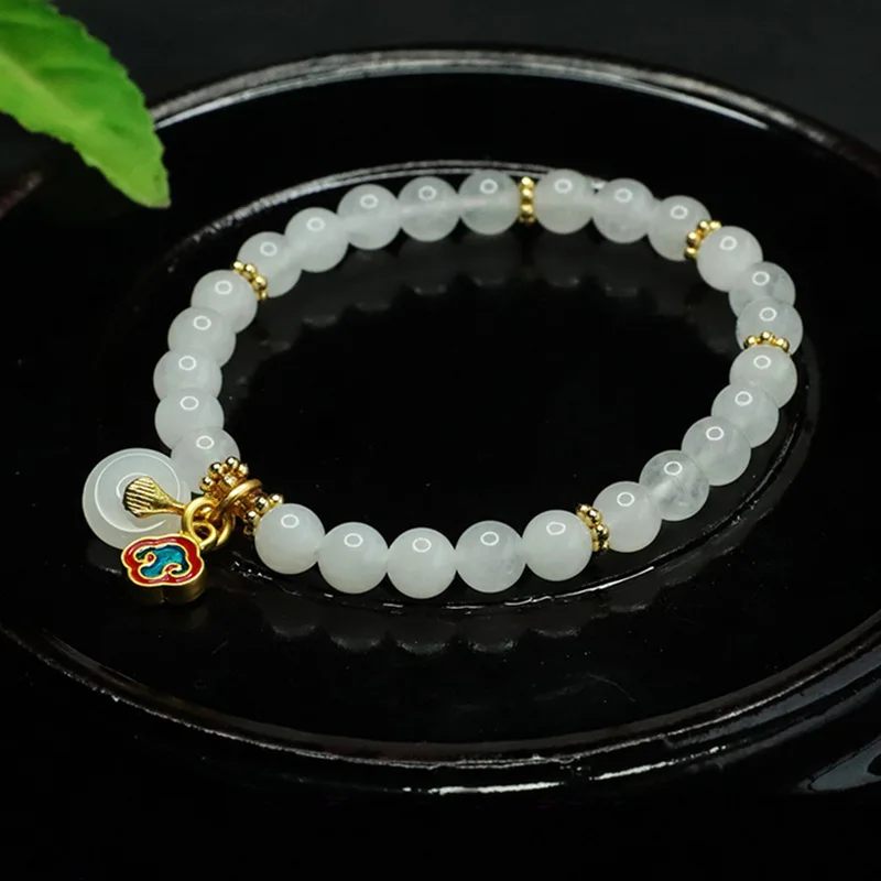 White Natural Hetian Jade Bead Bracelet Donut Bangle 18K Gold Plating Agate Sexy Young Girls Fashion Real Jewelry Holiday Gifts