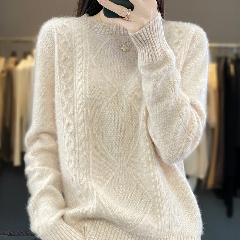 

Autumn and winter new 100% merino wool ladies round neck sweater knitted pullover solid color twist casual warm thickening