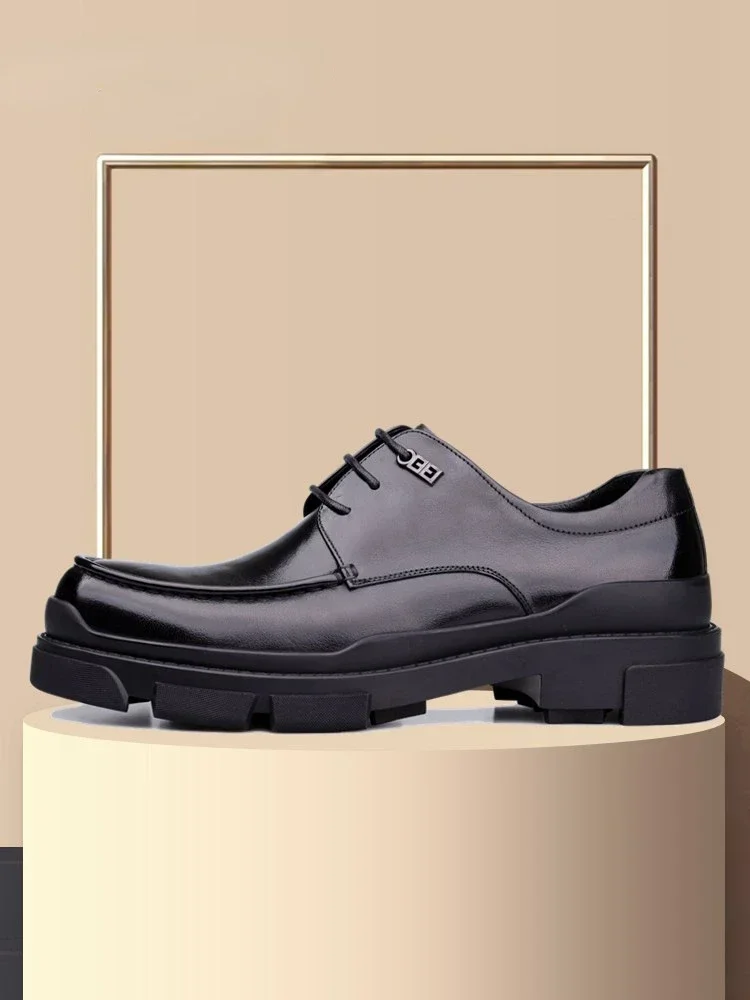 

2025 New Men's Business Dress Shoes Genuine Leather Thick Sole Round Toe Derby Shoes Groom Wedding Shoes Gift