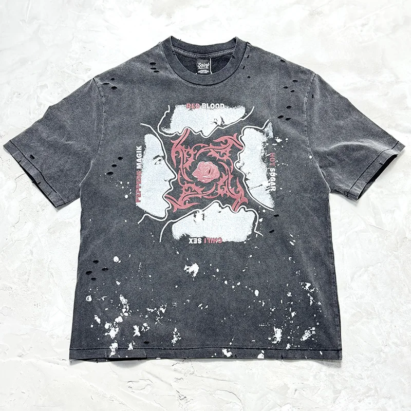 الهيب هوب الرسومات طباعة خمر غسلها الأسود التالفة حفرة سانت تي شيرت الرجال النساء 100% القطن رش الحبر تي شيرت المتضخم المحملة #2