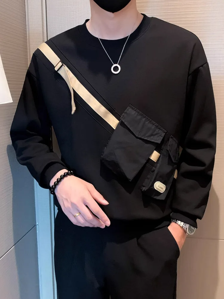 

White Long Sve round Ne Men's Hoodie Spring Autumn Trendy Brand Multi-ket Design Casual Comfortable Cotton Polyester ...