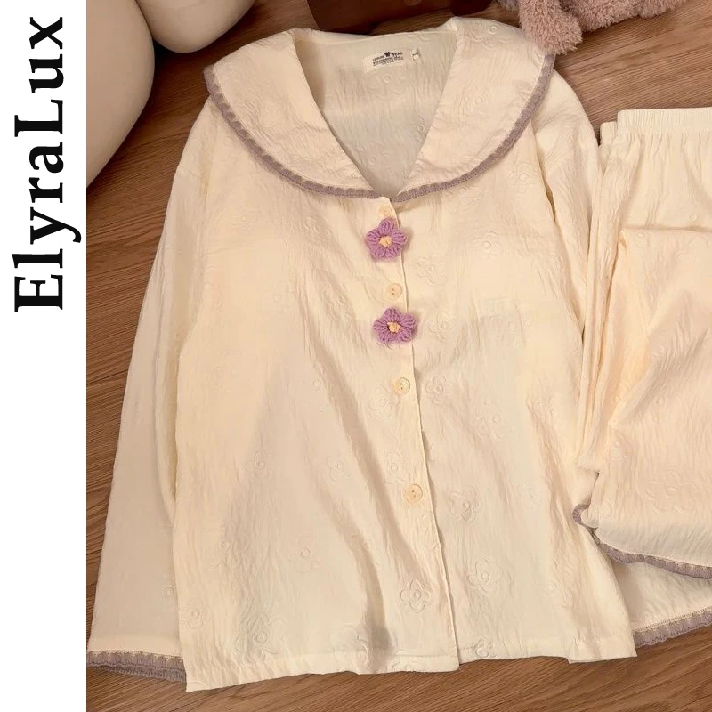

ElyraLux Women's Sleepwear Long Sleeve Long Pants Pajama Sets Loose Home Wear Two Piece Set Autumn Winter Warm Clothes