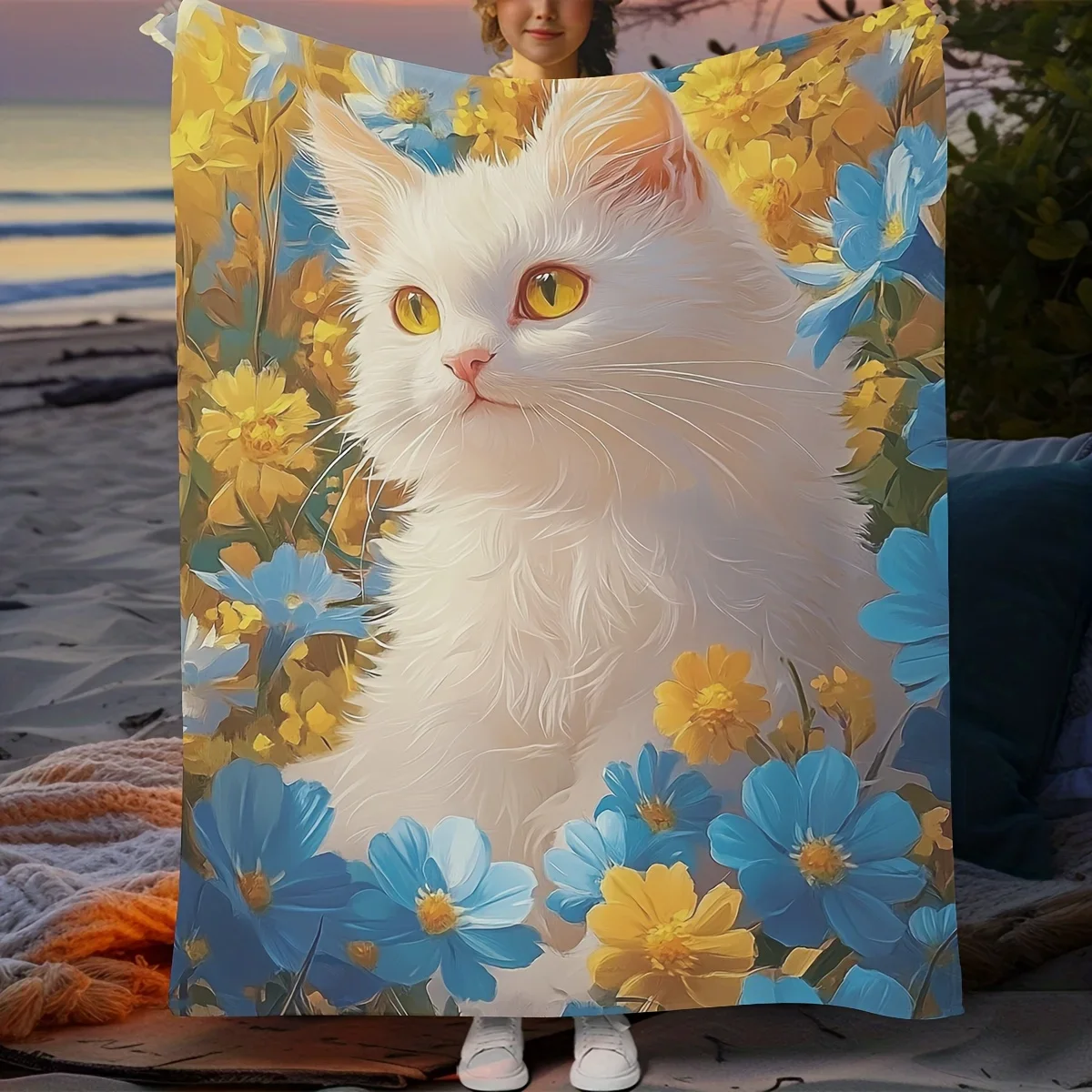

Elegant White Cat Floral Throw Soft Cozy Blanket with Blue Yellow Flowers Ideal Gift for Pet Nature Enthusiasts