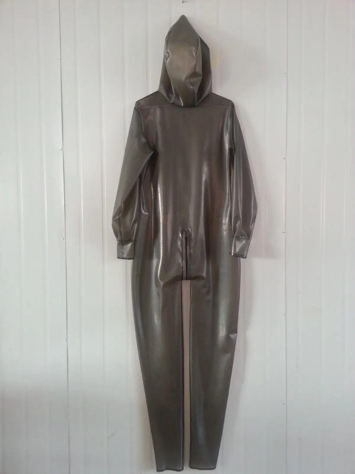 Latex Catsuit 100% Rubber Gummi Smoke Grey Hood Crotch zipper Suits 0.4mm S-XXL