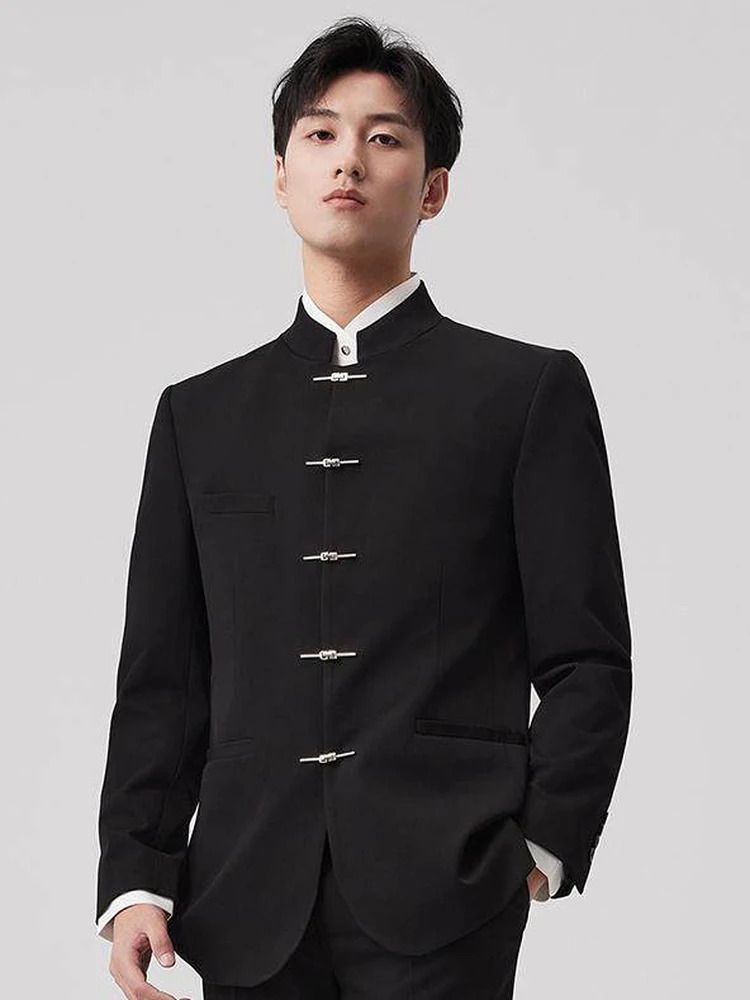 New Chinese Style Wedding Suit Men's Youth Casual Western Clothes Set Stand Collar Tuxedo Style Long Sleeve Single Slit