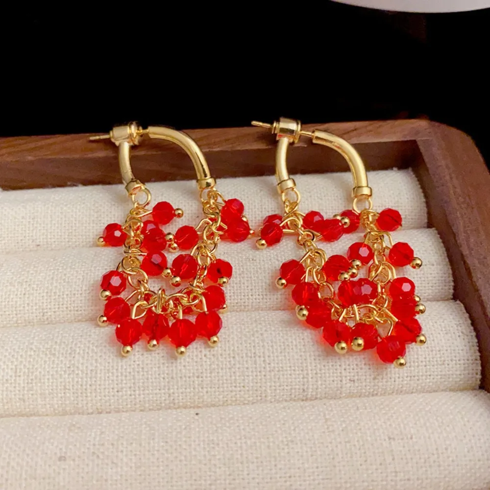 Temperament Red Emerald Green Crystal Grape Cluster Drop Hoop Earrings for Women Fashion Party Wedding Statement Jewelry Gifts