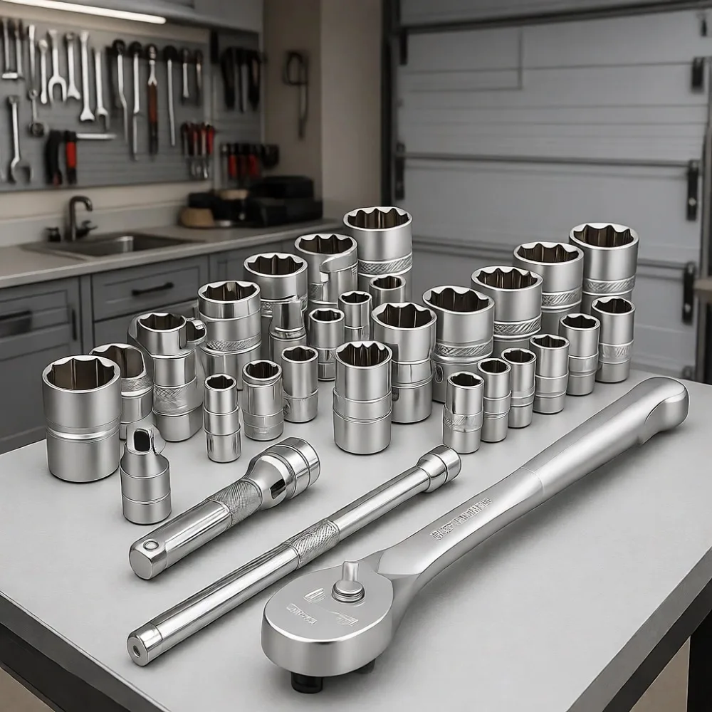 

28 Piece Metric and SAE Socket Set with Ratchet and Extensions Removes Up to 85 Percent Rounded Fasteners