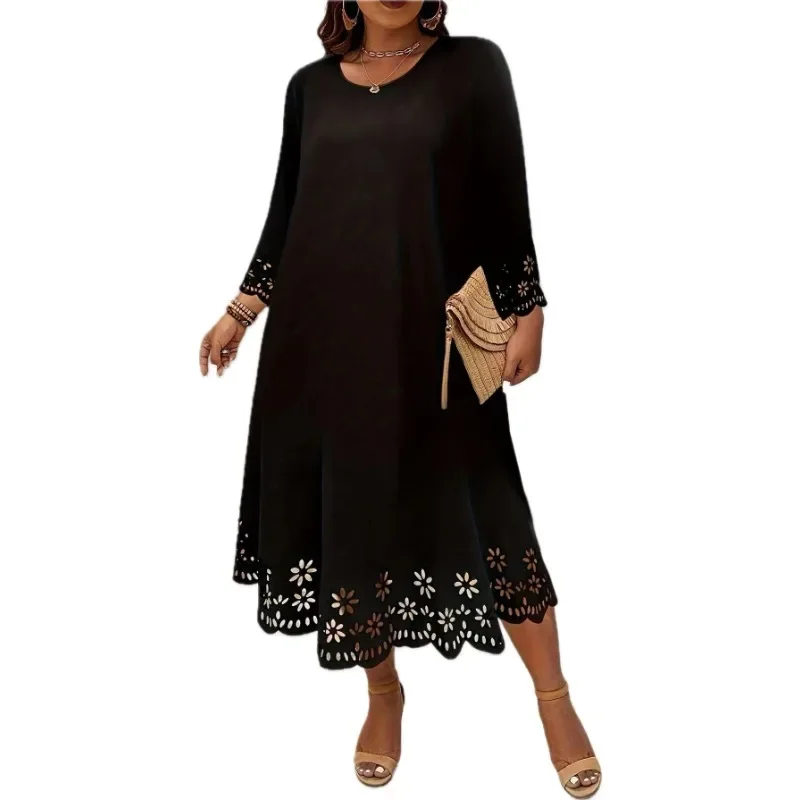 Women\'s 1XL-5XL  Plus Size New Round Neck Long Sleeve Dress Fashion Hollow Solid Color Dress Casual Loose Dress Women