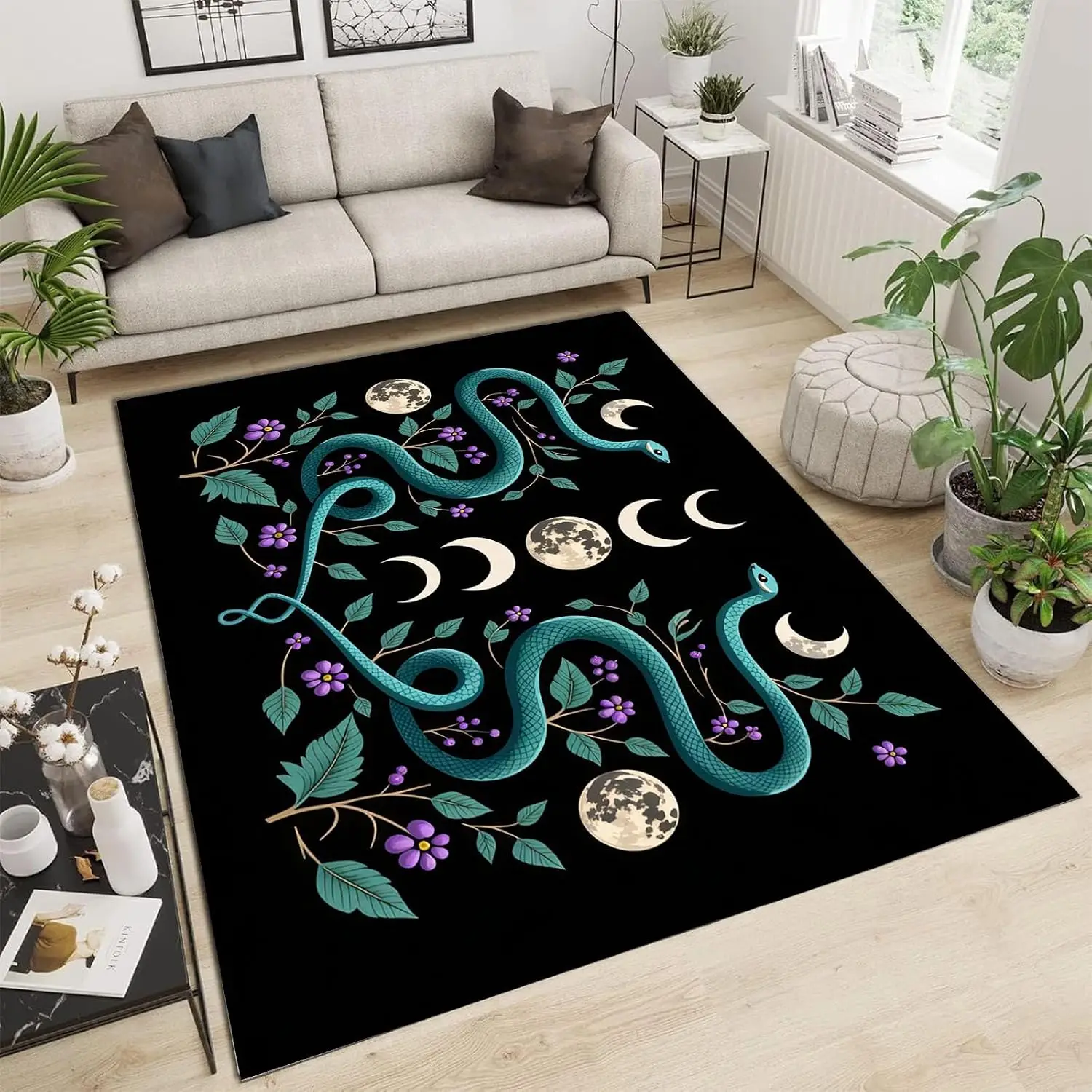 Moon Phase Snake Rug,Black Base Green Snake Purple Floral Witchy Pattern,Non-Slip Washable Mat for Living Room Sofa Dining Decor
