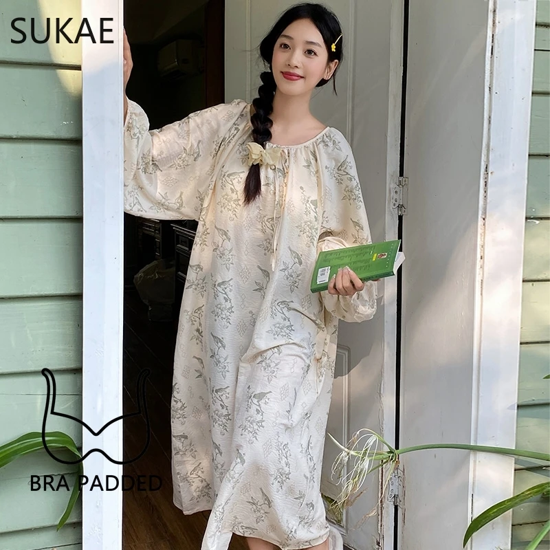 SUKAE Cotton Nightgowns for Women Autumn New Elegant Nightwear Stylish Sleepshirt Lady Long Gowns Fashion Casual Chic Girl Dress