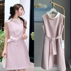 French Sweet Fashion Summer Pink Hit Color Party Mini Dress New 2026 Women Stand Collar Sleeveless Lace Up Belt Short Vestidos