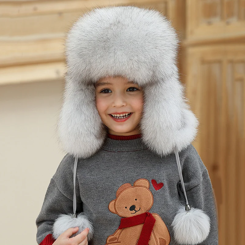 Children's Winter Hat For Girl Baby Hat Natural Fur Hat Soft Outdoor Windproof Hat Kids Hat With Earflaps Russian Fox Fur Hat