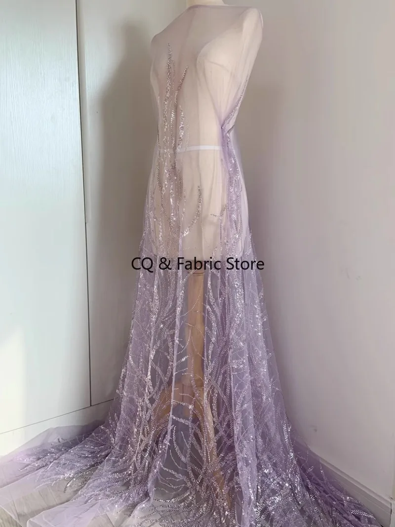 Gorgeous Light Purple Beaded Embroidered Lace Fabric For Wedding Dress/Dance Costume/Stage Clothing