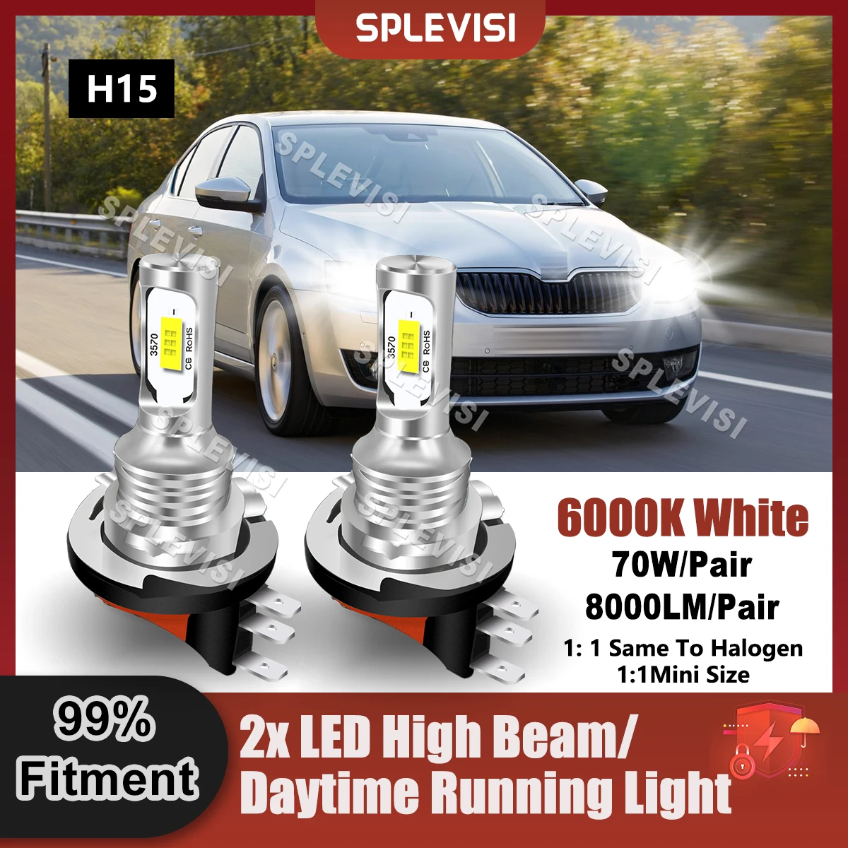 Plug And Play Car H15 żarówki LED światła drogowe/światła dzienne 70W 8000lm dla Skoda Octavia III 2012 2013 2014 2015 2016 2017