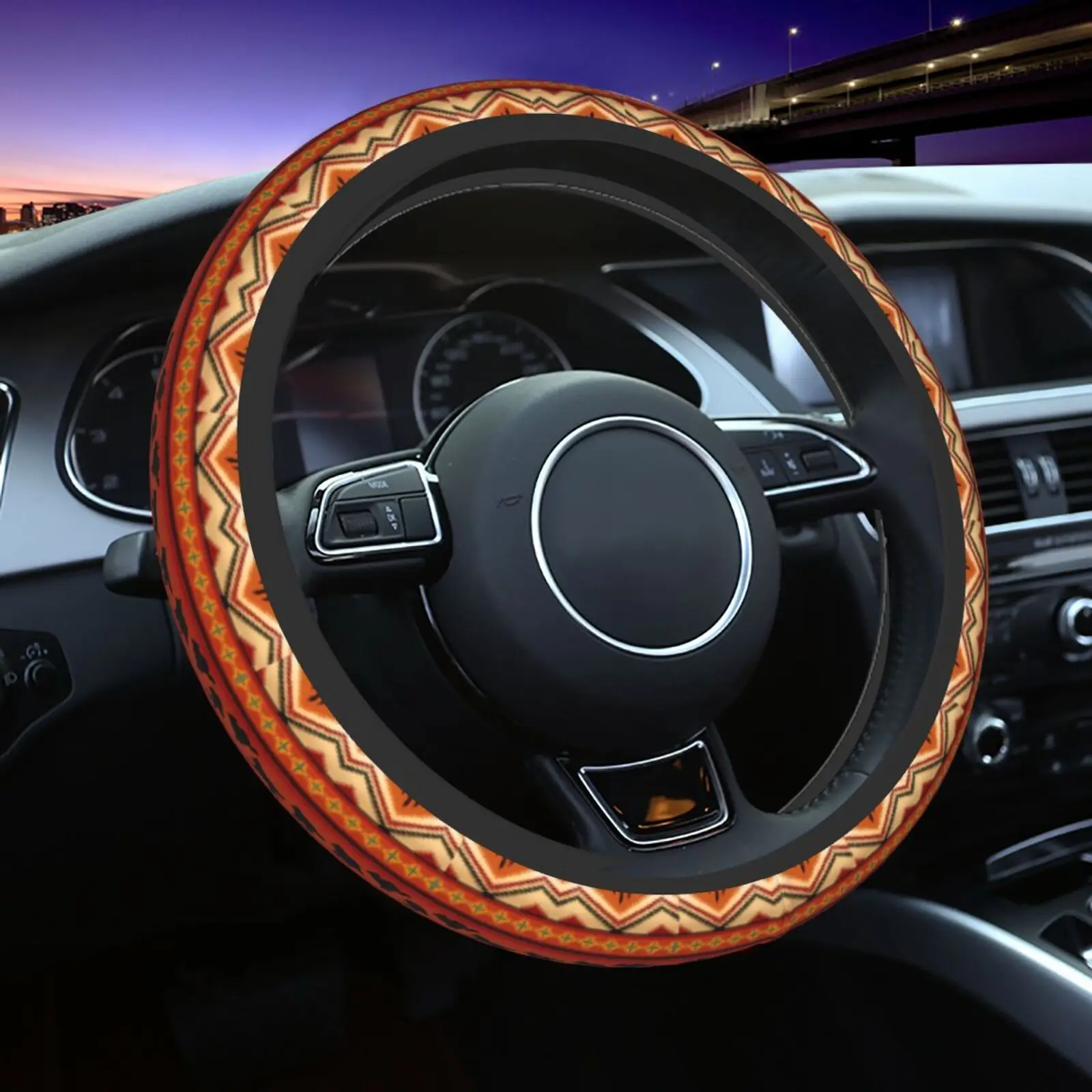 Orange Aztec Wolf Pattern Print Car Steering Wheel Cover Soft Comfy Protective Decoration  Automotive Supplies for 15Inches