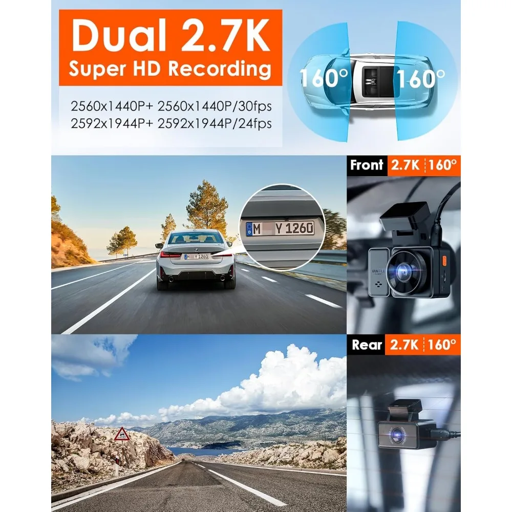 Vantrue E2 Dash Cam Front and Rear with Voice Control, 2.7K + 2.7K Dual Dash Camera for Cars, WiFi, GPS