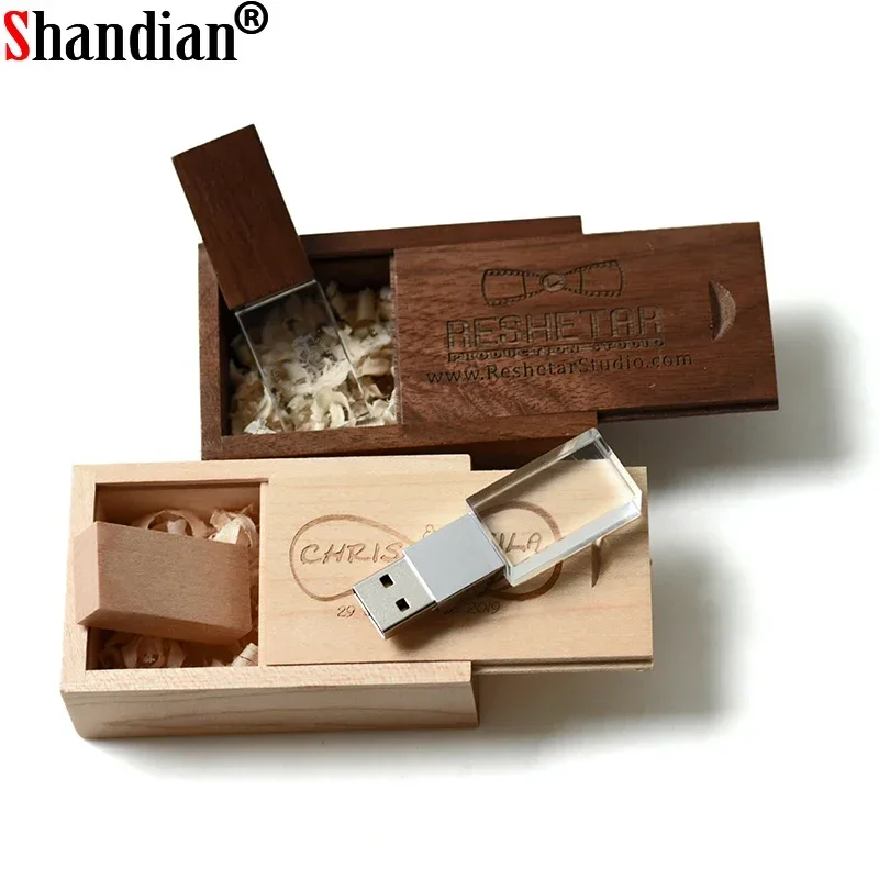 SHANDIAN-Flash Drive De Madeira De Cristal, Memory Stick, USB 2.0, Pen Drive, U Disk, 8GB, 16GB, 32GB, 64GB, Presente de Casamento