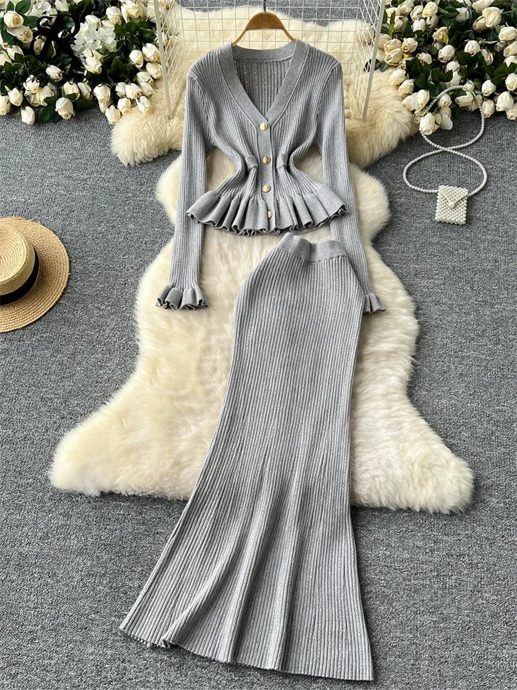 Autumn Korean Gentle Sweater 2 Piece Set Women Solid V-Neck Cardigan + High Waist Long Skirt Female Knitted Slim Elegant Suits