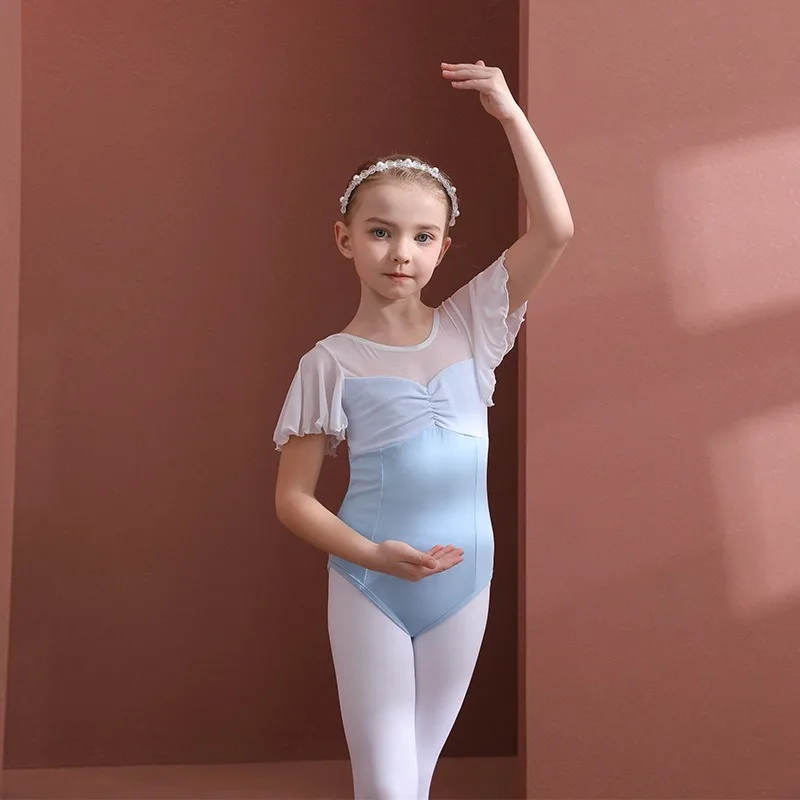 Girl Cotton Short Sleeve Ballet Dress Summer Kids Toddler Grade Exam Clothes for Daily Training Gymnastics Performance Dancewear