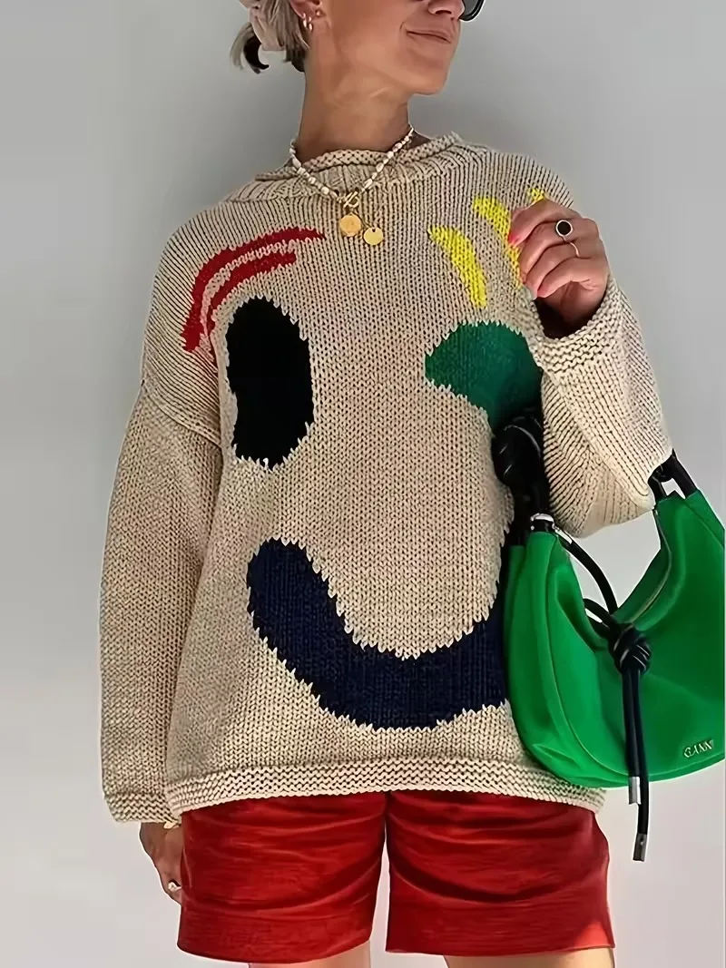 

Women's joyful Face Sweater - Beige & Multicolor Pullover Top, Loose Fit Three-Quarter Sleeve Sweater for Fall/Winter Casual Out