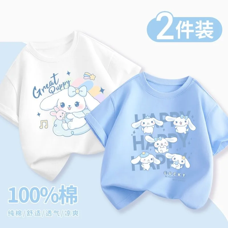 Camiseta de algodón con estampado de dibujos animados para niños, camisa de manga corta con cuello redondo, estilo informal, Sanrioed Kuromi Cinnamoroll, 2 piezas, novedad de verano