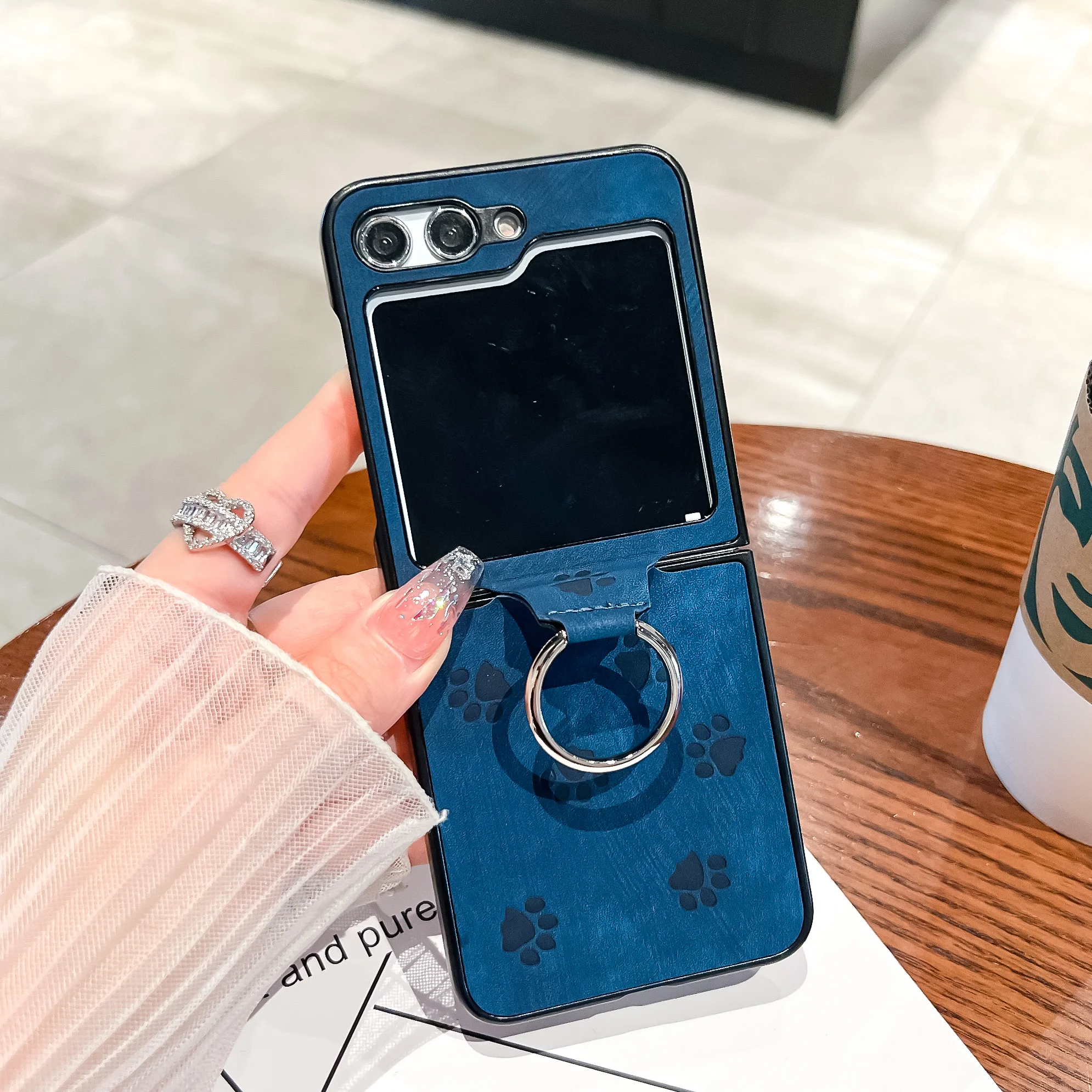 For Samsung Galaxy Z Flip 3 Flip 4 5 Leather Cat paw pattern Folding Phone Case with Ring Stand All-Inclusive Protective Cover