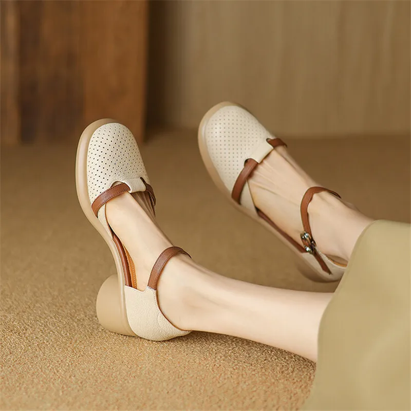 New Genuine Leather Summer Sandals Cover Toe Hollow Out Sandals for Women Platform Shoes Chunky Heel Shoes Mixed Color Sandals