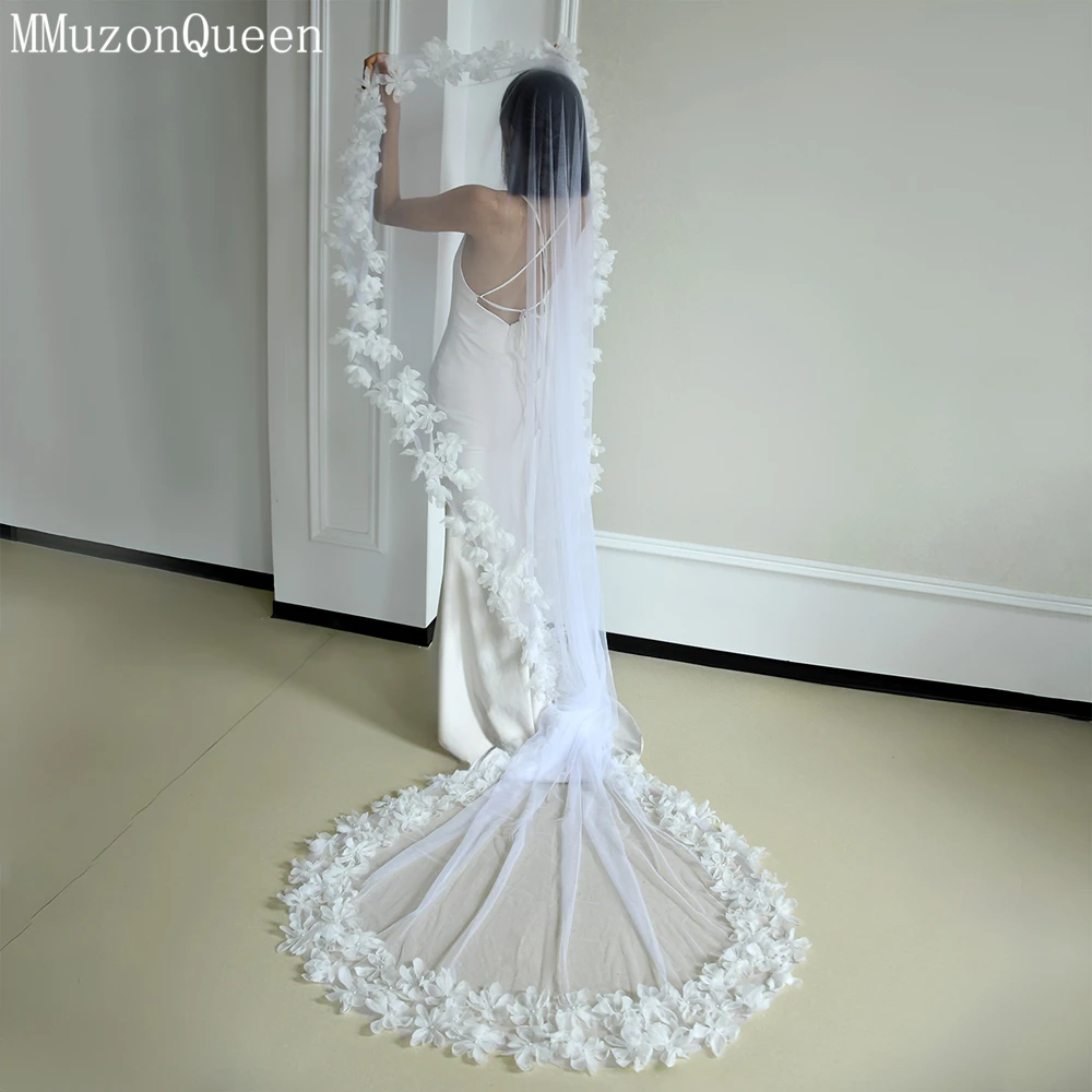 MMQ M97 vestido de novia largo, velo de perlas de flores tridimensionales, temperamento suave, tul de veilbridal de una sola capa