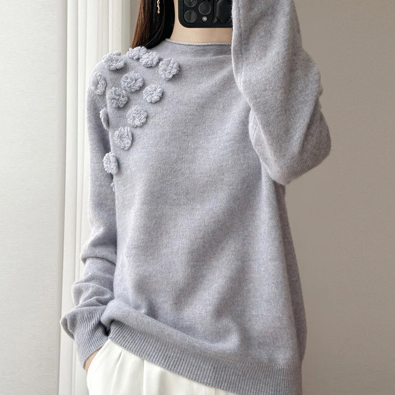 Damestrui van 100% wol met opstaande hals - verfraaid met gehaakte madeliefjes, presentatie elegantie en warmte