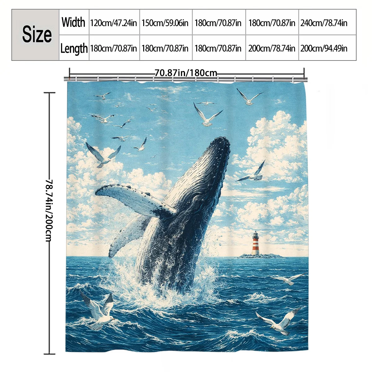 Ocean Whale Jump Illustration Shower Curtain 1pc with 12 Hooks for Bathroom Home Decor Polyester 2D Flat Print 70.8x70.8 Inch