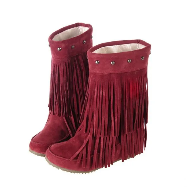 ORCHALISA Women's 2 Layer Fringe Tassels Flat heel Half knee high Boots fur Shoes Big Size 34-47 Snow Boots Zapotos