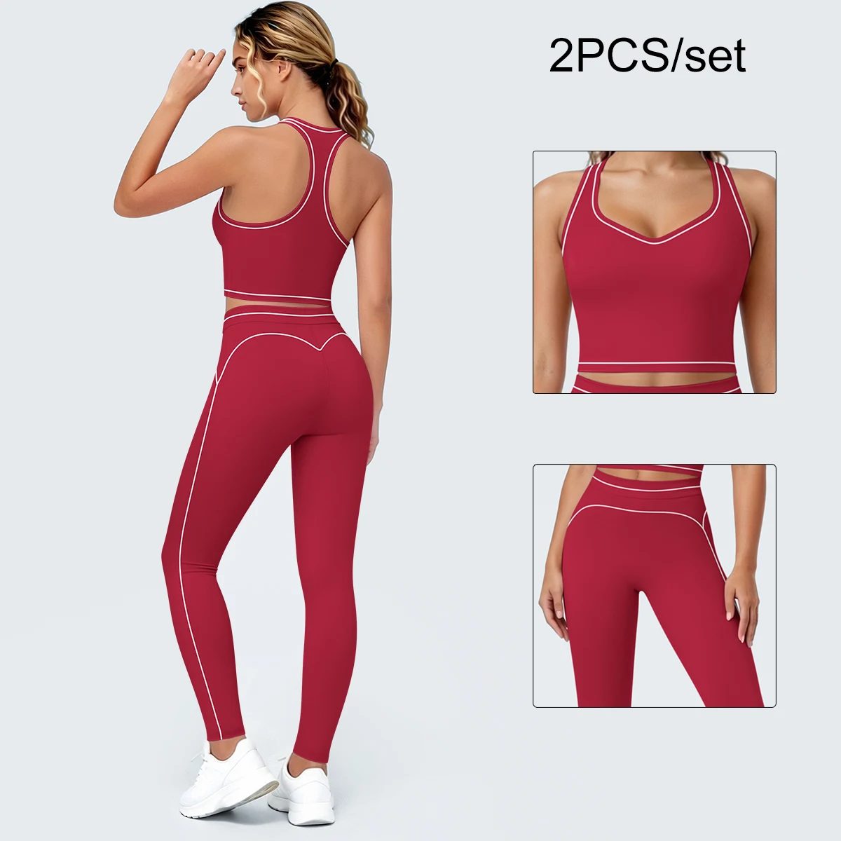2PCS Woman Yoga Set Color Blocking Beautiful Back I-shaped Vest Shock-absorbing Running Yoga Tank Top High Waisted Fitness Pants
