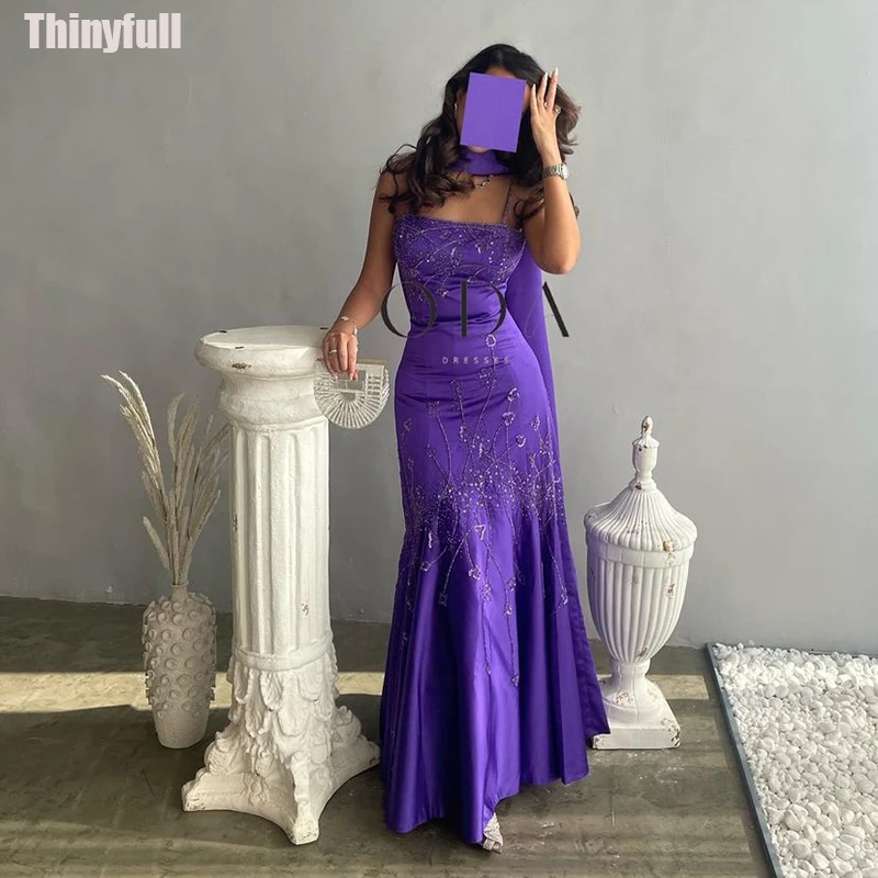 Thinyfull Mermaid Saudi Arabia Purple Prom Dress Strapless Sleeveless Evening Party Dress Satin Formal Occasion Gown Customized