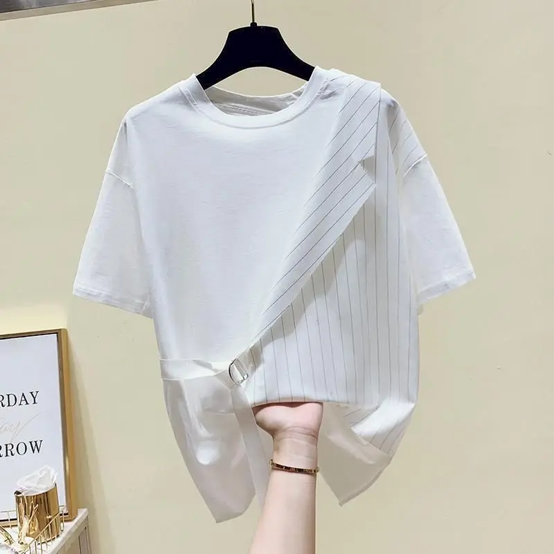 Womens T Shirts Summer Trend Thin Fashion Irregular T-shirt Design Niche Tops Casual Loose Fake Two Piece T-Shirts Woman Clothes