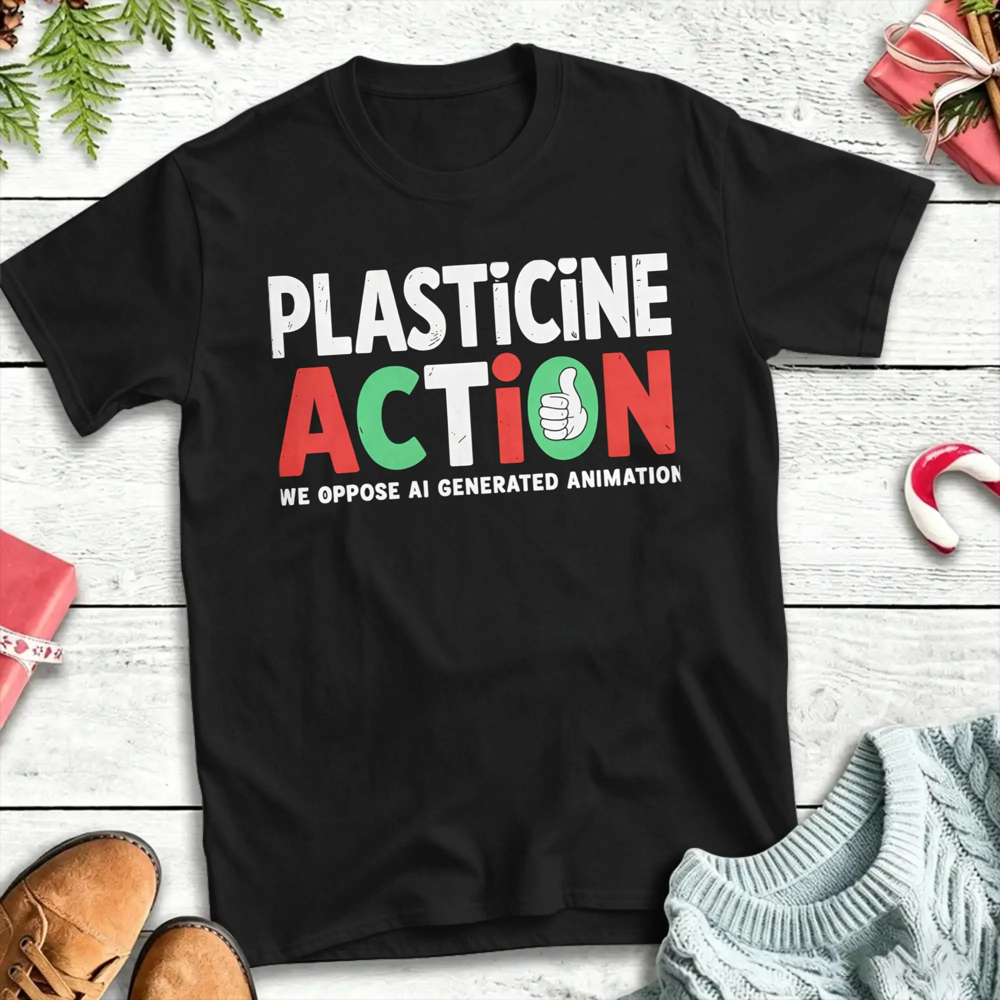 Unique Plasticine Action We Oppose AI Generated Animation T-Shirt Crew Neck Pure Cotton T Shirt  Short Sleeve Tees