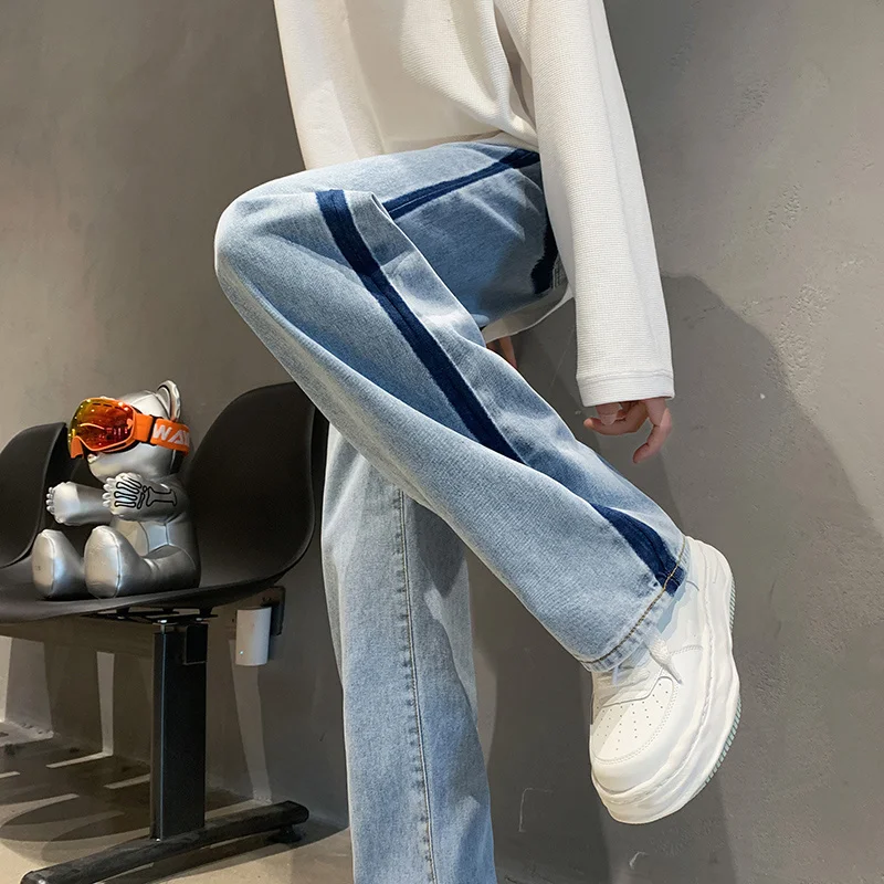 2022 High street vibe American trousers, male minority design sense, splicing jeans, overlapping stripes, floor length straight