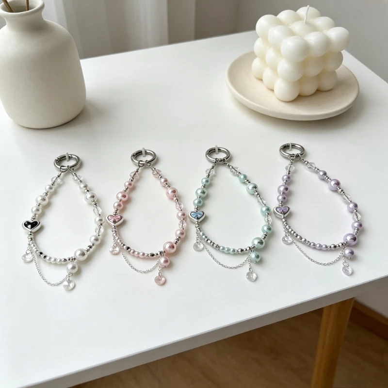 

Fashionable and Sweet Bow Heart Phone Chain Anti-lost Short Luxury Glass Pearl Bag Charm Small Bag Hanging Chain Keychain