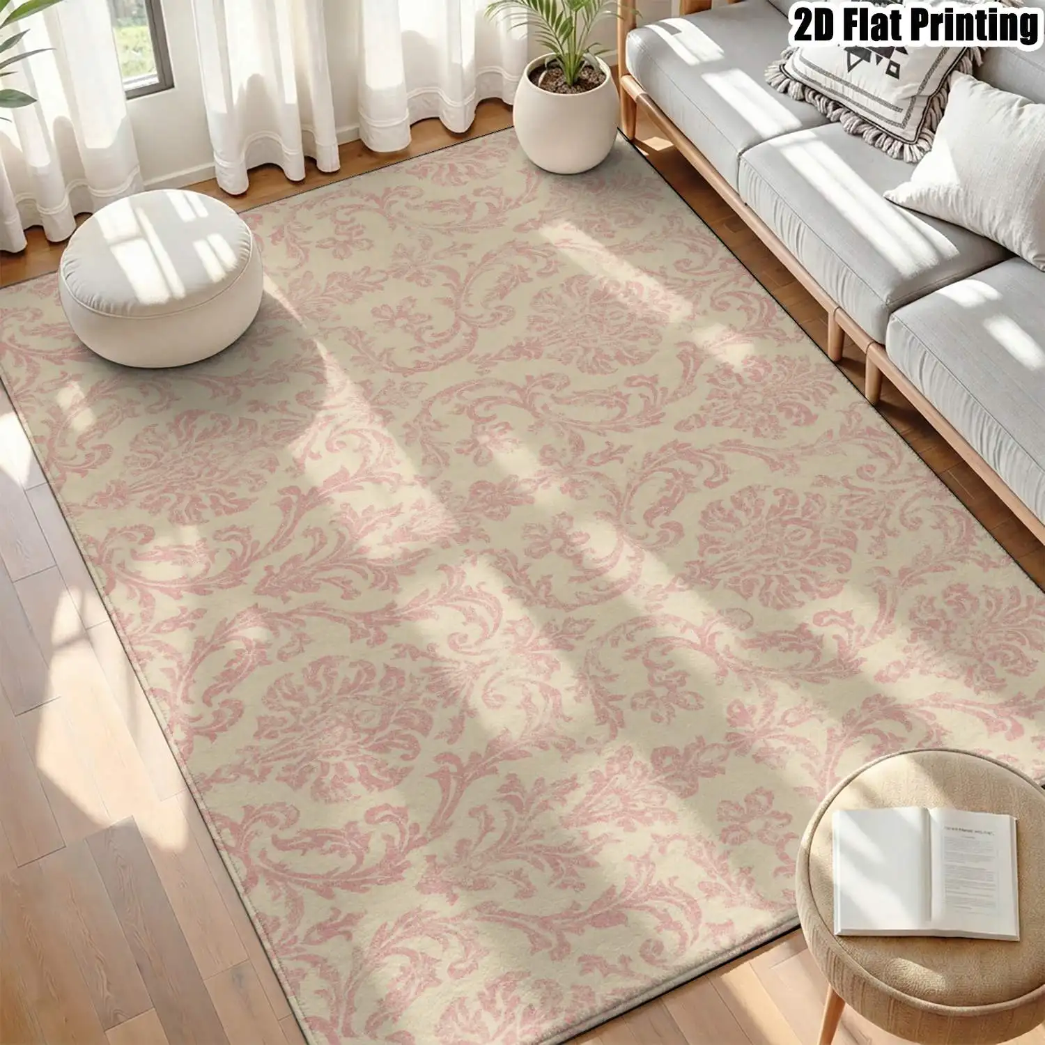 1Pc 2D Printed Carpet, Pink Floral Scroll Pattern, Vintage/European/Bohemian/Geometric Styles, Home Decor, Multi-Size, Machine Washable, for Entrance/Dining/Foyer/Bedroom/Living Room